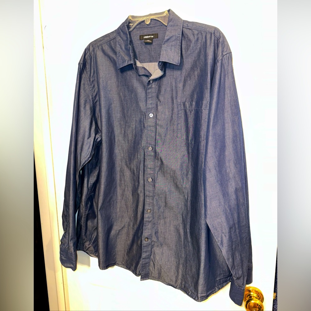 Claiborne XXL  Men's Dark Navy Cotton Chambray Button Down Casual Shirt EUC